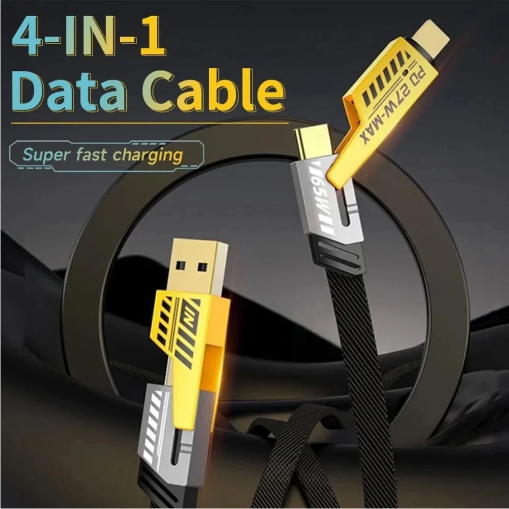 🆕4-in-1 USB TYPEC 6FT Cable 65W Fast Charging Flat Braided Anti-Tangle Universal